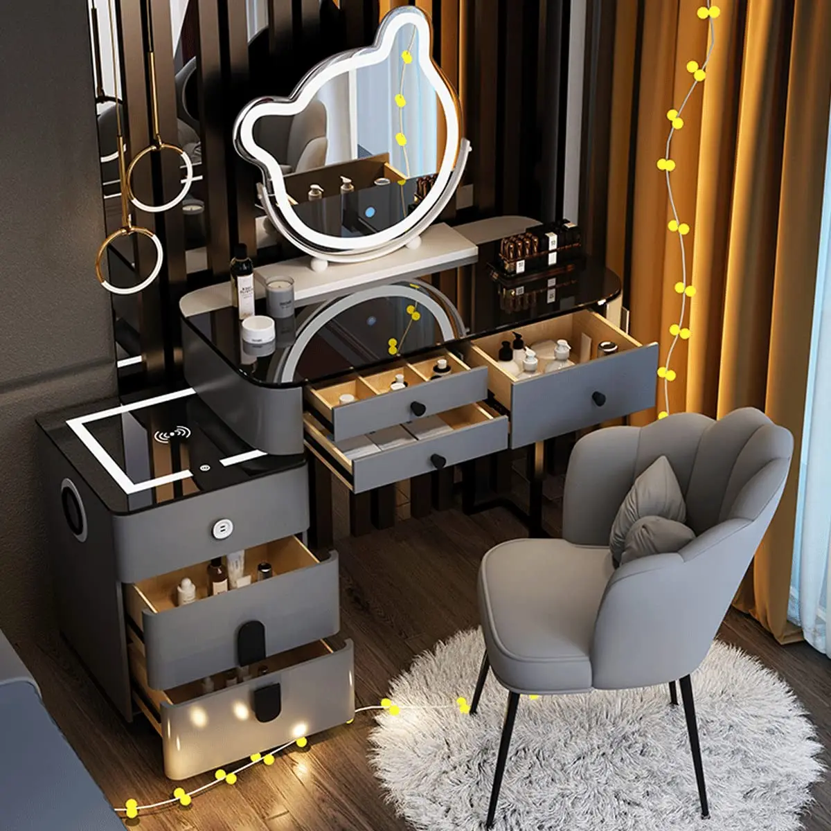 Schminktisch-Set mit 3-farbigem LED-Licht, Spiegel und gepolstertem Hocker, für das Familienschlafzimmer, für Sie (120 cm/47,2 Zoll)