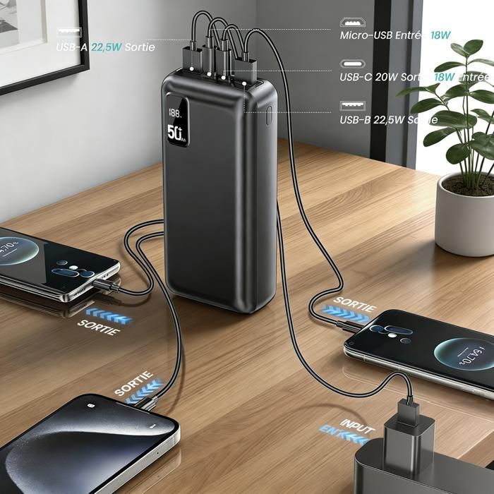 Batterie Externe 50000mAh Power Bank 3 Sorties 2 Entrées Écran LCD Charge Rapide – Compatible iPhone Samsung iPad Huawei Xiaomi