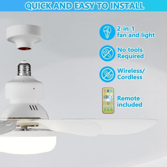 Ventilatore da soffitto silenzioso, 40W con lampada integrata e attacco E27, silenzioso, per soggiorno e camera da letto (52 cm)
