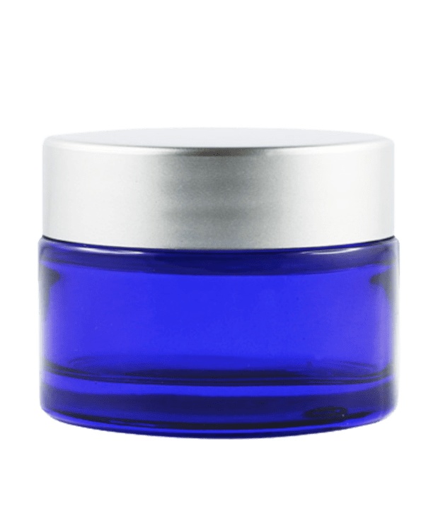 30 ml blaues Glasgefäß mit mattsilbernem Deckel
