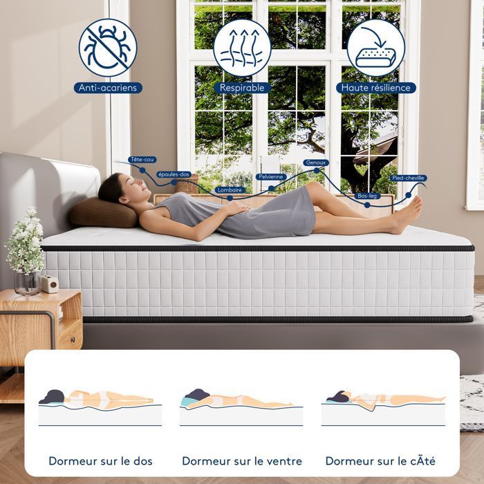 Materasso 140x200cm, spessore 25cm, materasso in memory foam DEWINNER, perfettamente supportato con elevata elasticità e