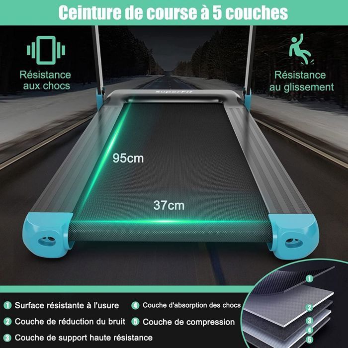 Cinta de correr plegable COSTWAY con control por aplicación, 0,96-12 km/h, Bluetooth, 12 programas, pantalla LED y soporte para dispositivos, azul marino.