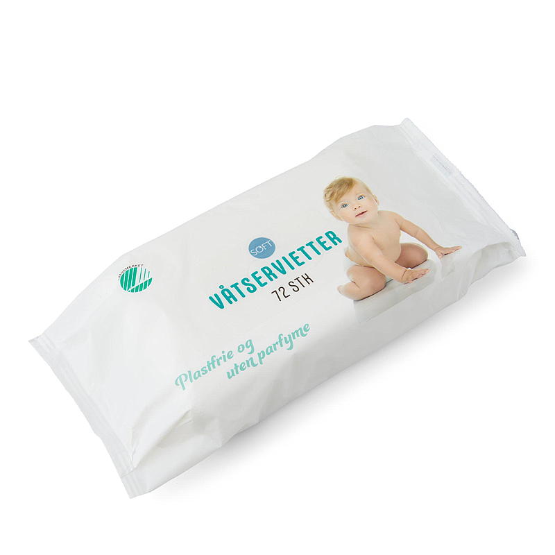 Mjuka våtservetter 72 stycken, plastfria, oparfymerade, Svanenmärkta