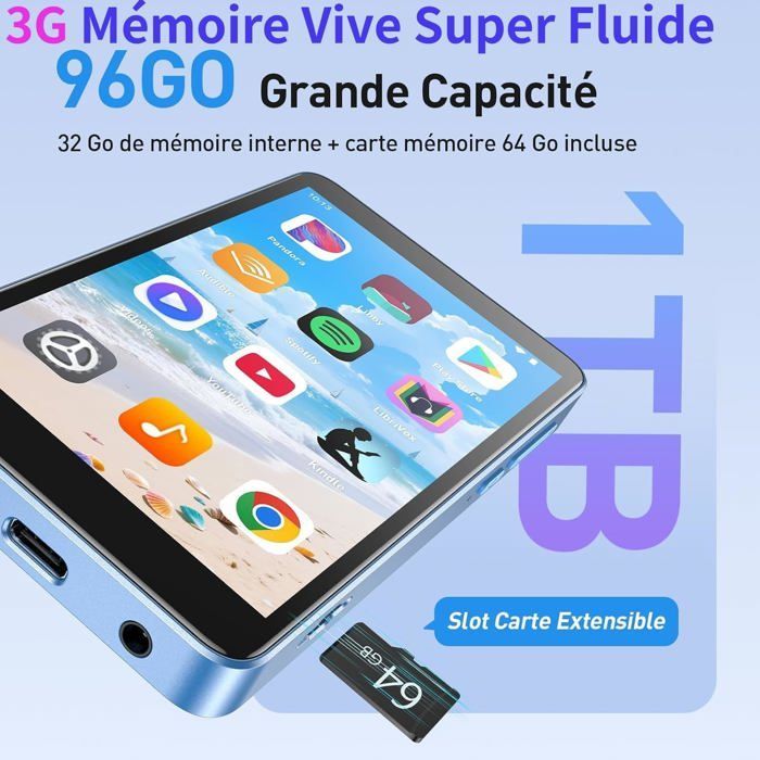 AGPTEK 96GB MP4 Bluetooth WiFi Spotify muziekspeler met Android 14 groot IPS touchscreen, ondersteunt app-installatie