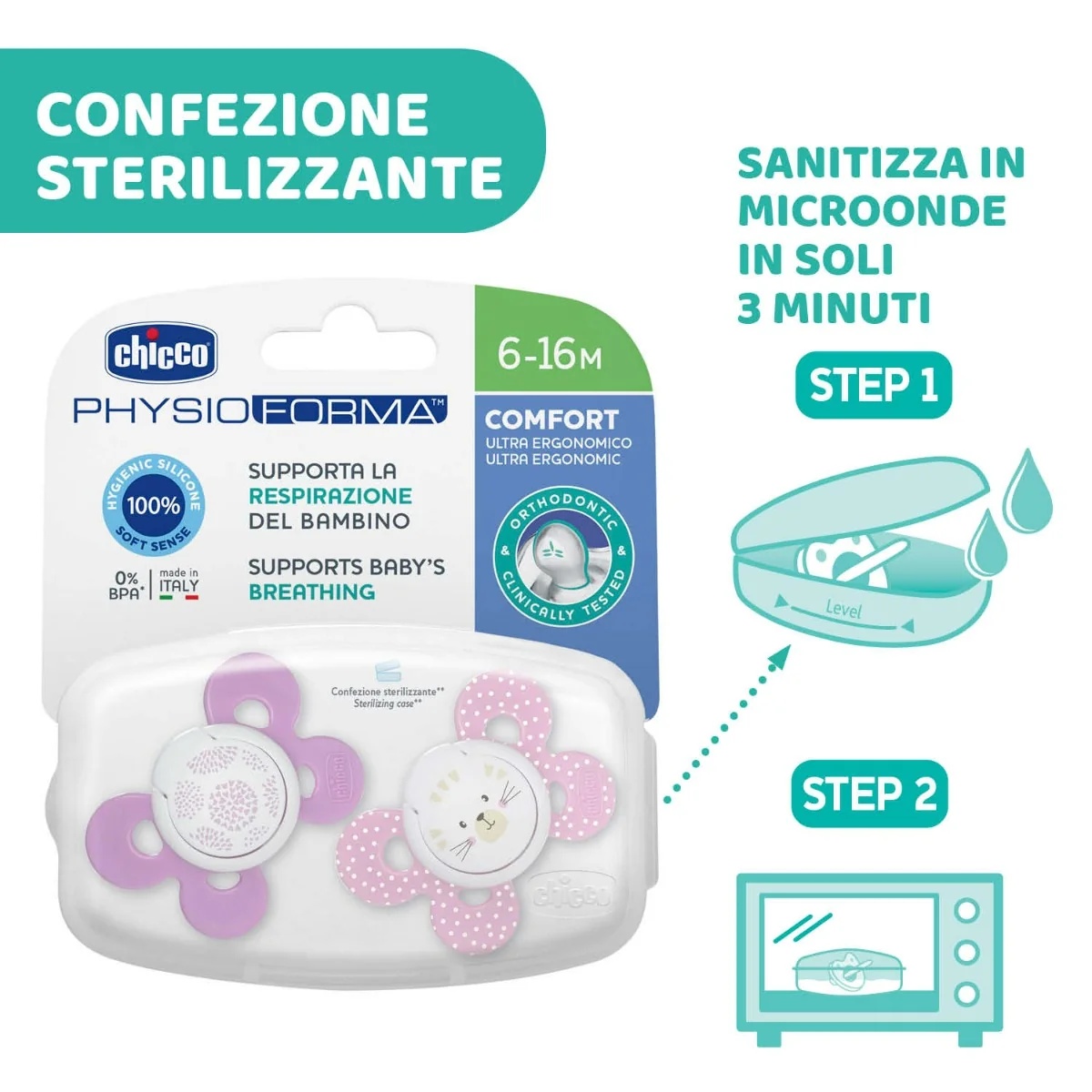 CHICCO Chicco Comfort Girl Chupete de silicona, 2 unidades, 6-16 meses