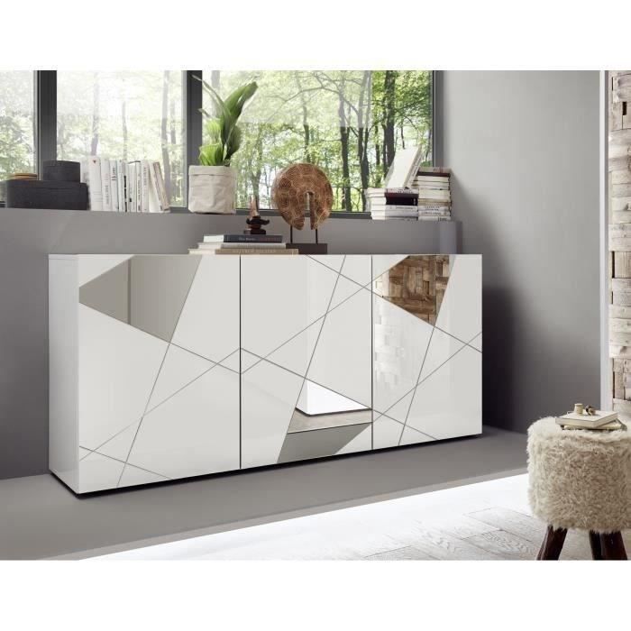 Aparador VICTORY de 3 puertas, lacado en blanco brillante con serigrafía efecto espejo, 181 cm de ancho.