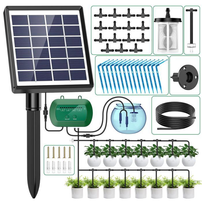 Kit di irrigazione automatica solare per giardino – Tubo di irrigazione a goccia da 15 m con timer – Balcone, vaso di fiori, vacanze