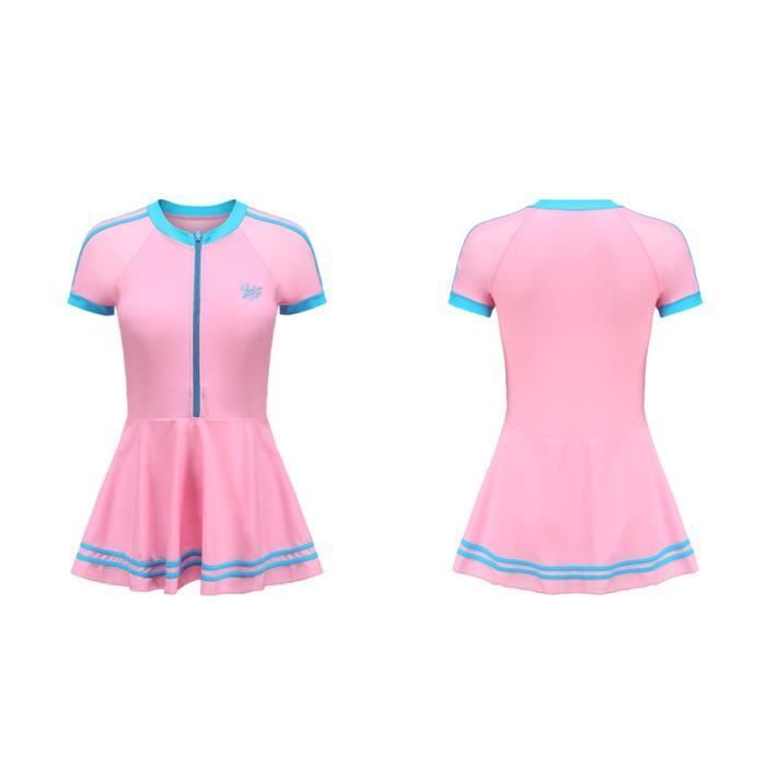 Vestido de baño para niñas, vestido de entrenamiento de natación bicolor con cremallera, de secado rápido, para edades de 4 a 14 años - Rosa