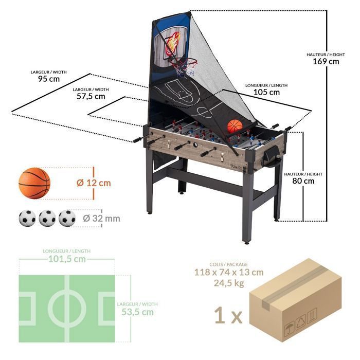 Tavolo da gioco KANGUI 4 in 1: calcio balilla con aste telescopiche, ping pong, hockey, basket.