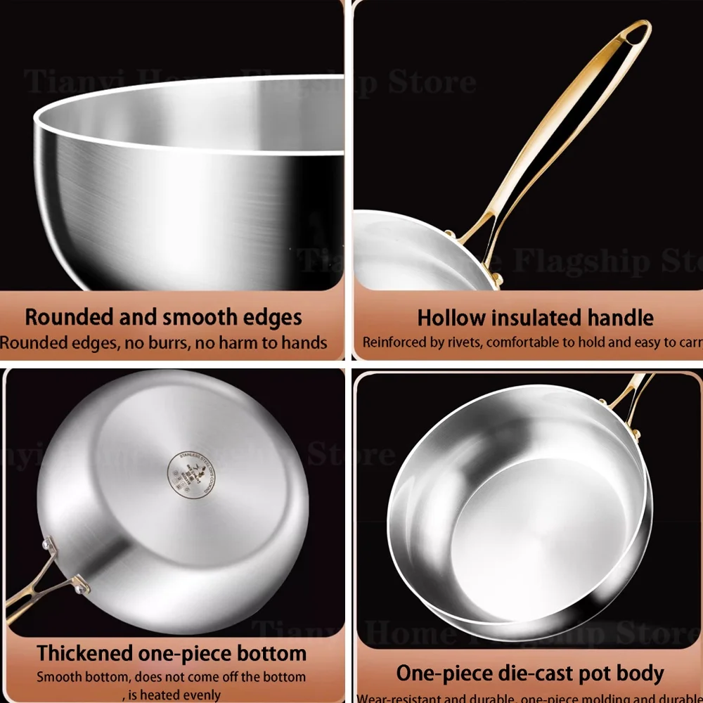Poêle à frire profonde en acier inoxydable 316, antiadhésive, type wok, compatible avec les plaques à gaz et à induction, pour la cuisine.