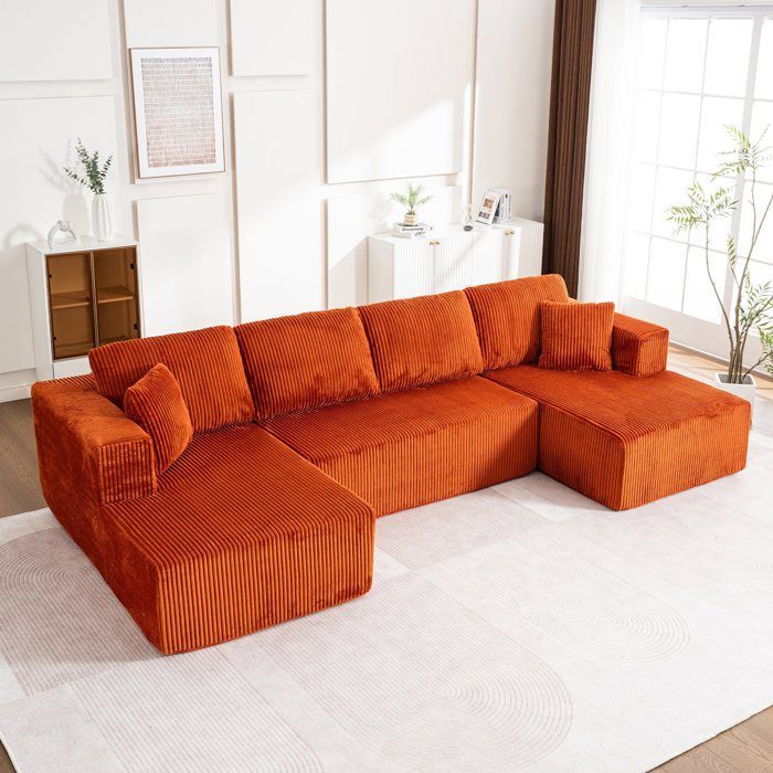 Panorama-Ecksofa in U-Form, 4-Sitzer, modulares Sofa, Armlehnen, Cordbezug, Federkern und hochelastischer Schaumstoffbezug, orange