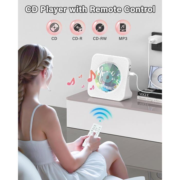 Bluetooth 5.0 cd-speler, HiFi, afstandsbediening, led-display, FM-radio, AUX/USB, stofbestendig, wit