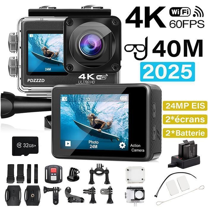 Caméra Sport 4K 60fps 24MP WiFi - Camera 4k Étanche jusqu'à 40M avec Stabilisation, Convient pour les voyages, le sport