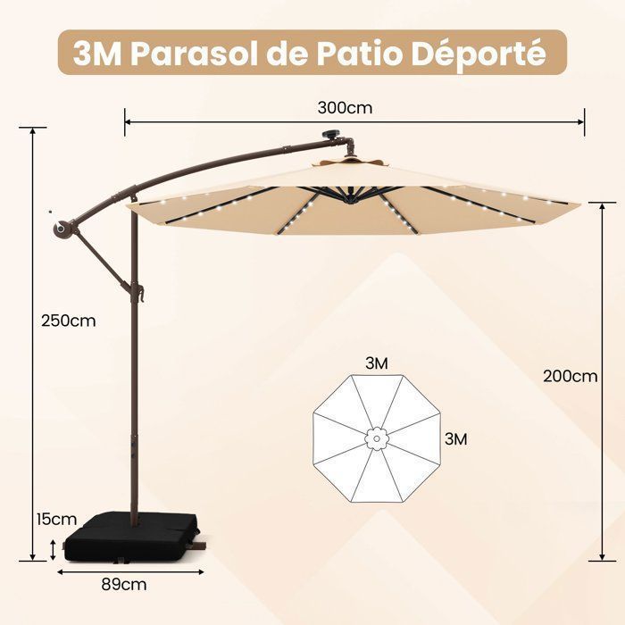 3M Cantilever Parasol - 40 LED-lampjes - COSTWAY - Kruisvoet met zandzak - Beige - UV-bescherming 20+ - Zonnepaneel voor 6 uur