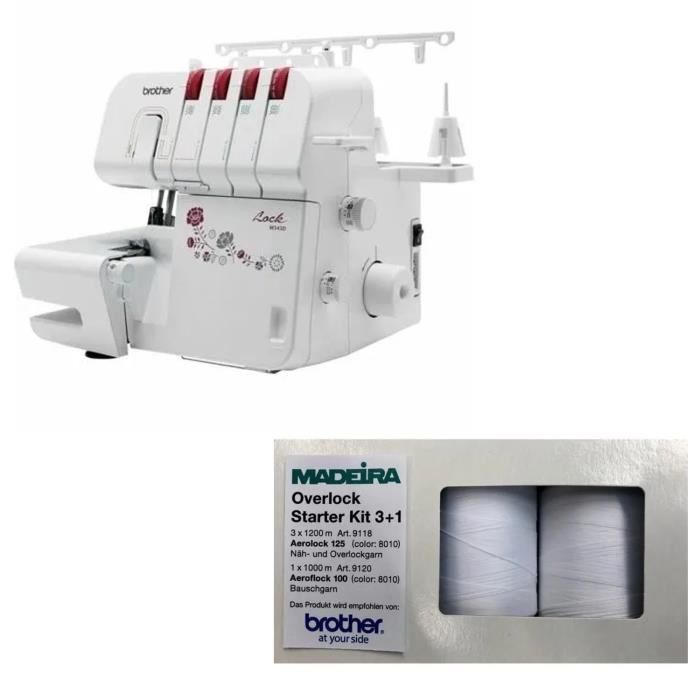 Máquina overlock BROTHER M343D de 2 agujas - Brazo libre + Caja de 4 carretes de hilo - MADEIRA - Para máquinas overlock