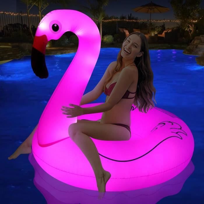 Boue Piscine Flamant Rose - Anneau Flotteur Gonflable - Lumires Solaires - PVC - Adulte