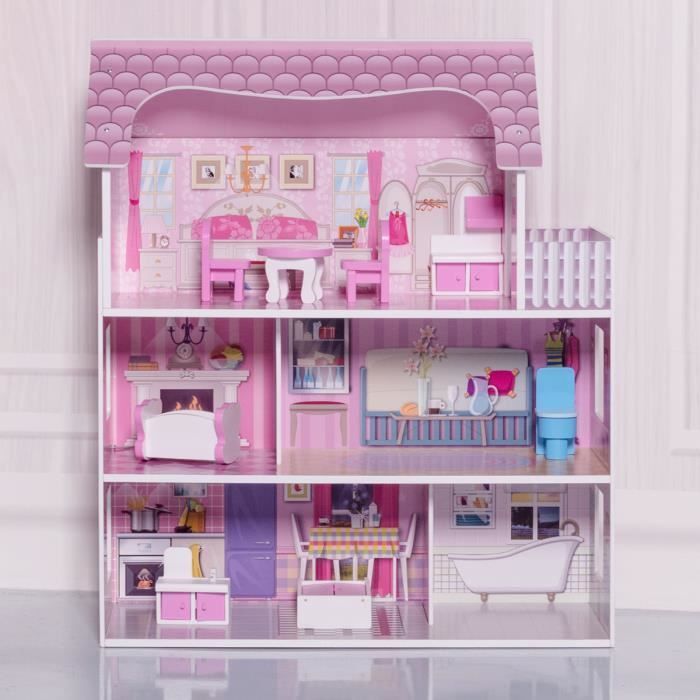 GIANTEX Maison de Poupée en Bois à 3 Étages avec Accessoires, 5Pièces: Cuisine, Chambres, Salle de bain, Salon, Cadeau pour Enfant