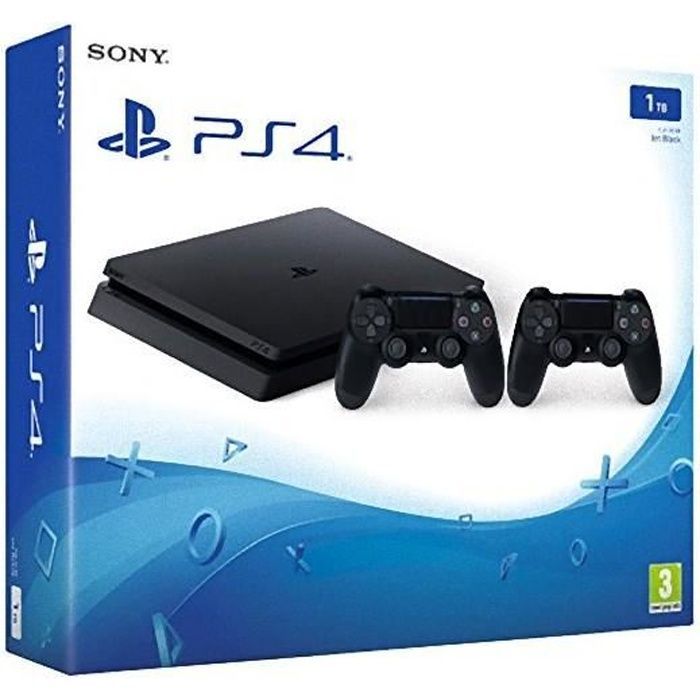 Paquete PlayStation 4 Slim de 1 TB en color negro con 2 mandos inalámbricos DualShock 4 V.2