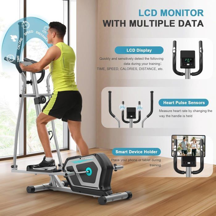 Elíptica silenciosa 3 en 1, 16 niveles de resistencia, peso máximo 130 kg, pantalla LCD, aplicación, ideal para entrenamiento cardiovascular en casa, color azul plateado.