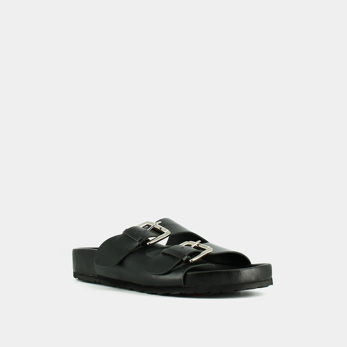 Mules à brides et à boucles  en cuir noir