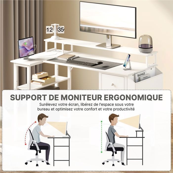YAHEETECH 120cm Reversible L-Shaped Gaming Desk with Monitor Stand, 4 Drawers and USB Ports, Wooden Design for Work and Gaming, White