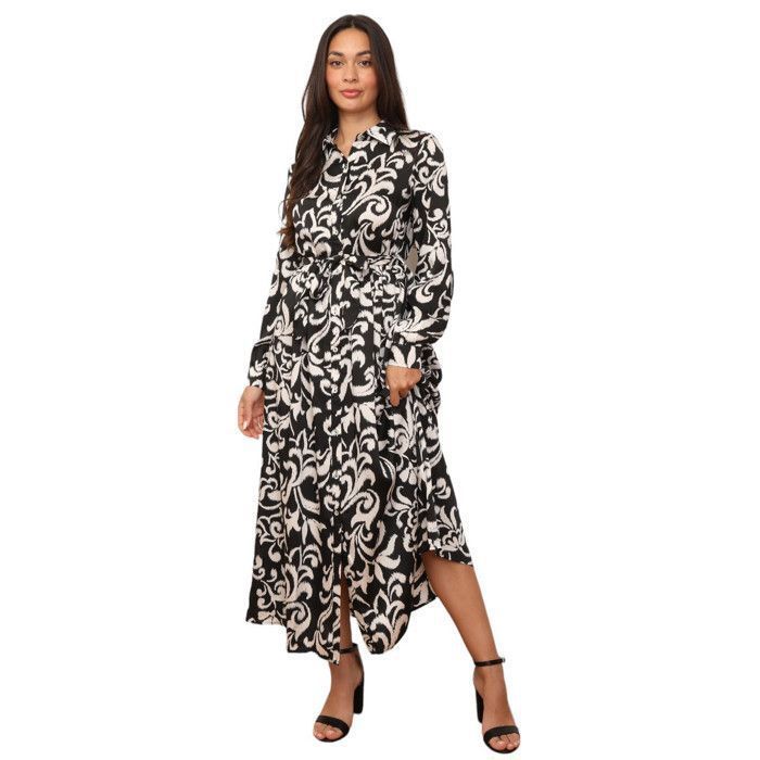 Robe chemise longue à motifs et ceinture amovible à nouer.Dotée de boutons devant et sur les manches. pour femme - Robes - La