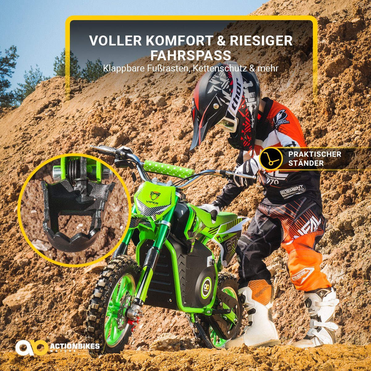 Ηλεκτρική παιδική μοτοσικλέτα Actionbikes Motors, παιδική μοτοσικλέτα cross Viper 1000 W ηλεκτρική - 3 επίπεδα - έως 25 km/h, χωρητικότητα φορτίου 60 kg, (1 τεμάχιο), μίνι ποδήλατο dirt, ηλεκτρικό μίνι cross, ποδήλατο τσέπης από 5 ετών