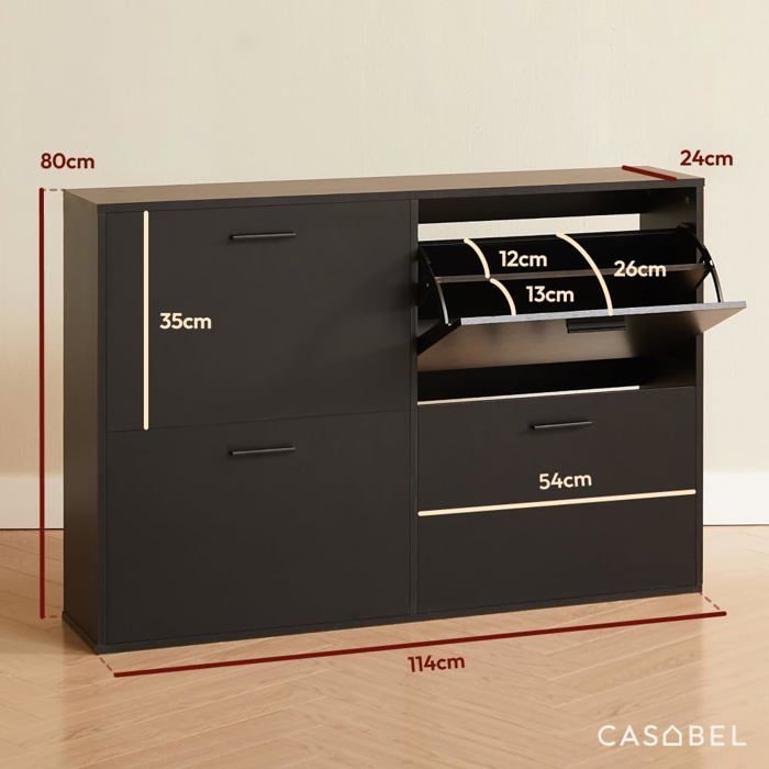 CASABEL Shoe Cabinet with 4 Drop-Down Doors - Designer Shoe Cabinet - Hallway Storage Unit for 24 Pairs - Black