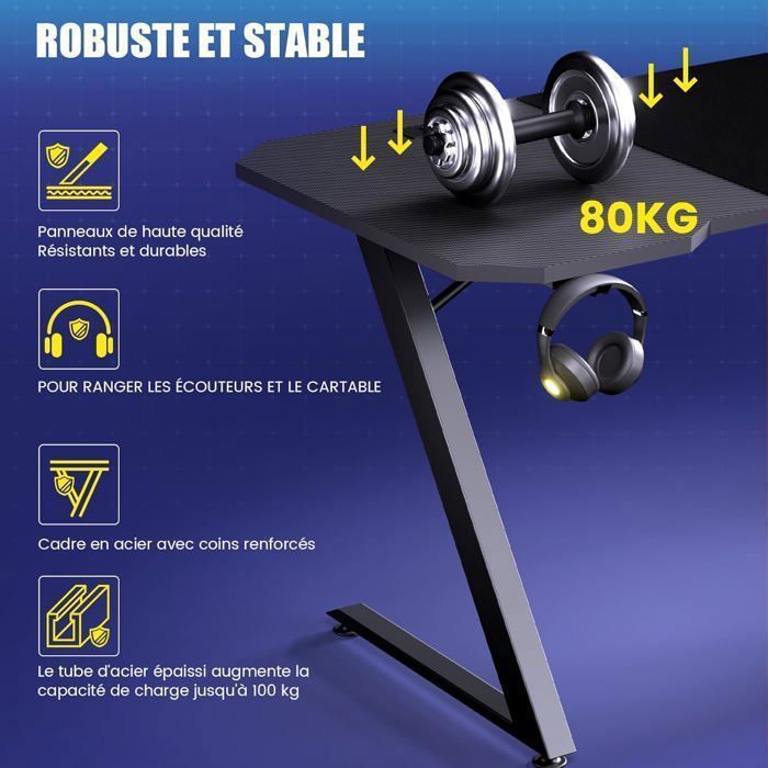 Scrivania da gaming 120 x 60 cm, scrivania per gamer con presa di corrente, gancio per cuffie, nera