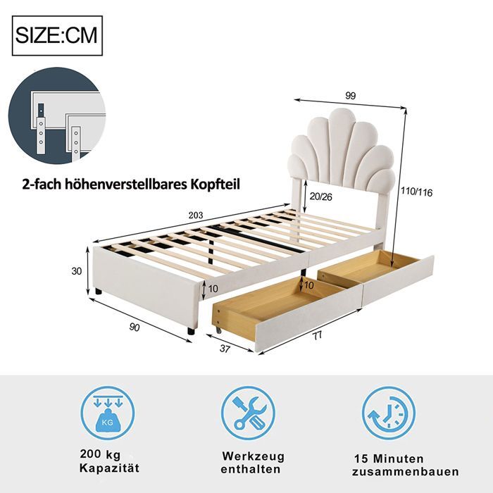 Cama infantil de 90x200 cm. Cama individual con 2 compartimentos de almacenamiento. Cama de invitados de terciopelo beige.