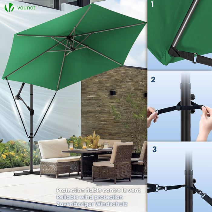 Sombrilla voladiza VOUNOT® con correa de fijación 3M, verde - Rotación de 360° - Inclinación ajustable - Funda protectora