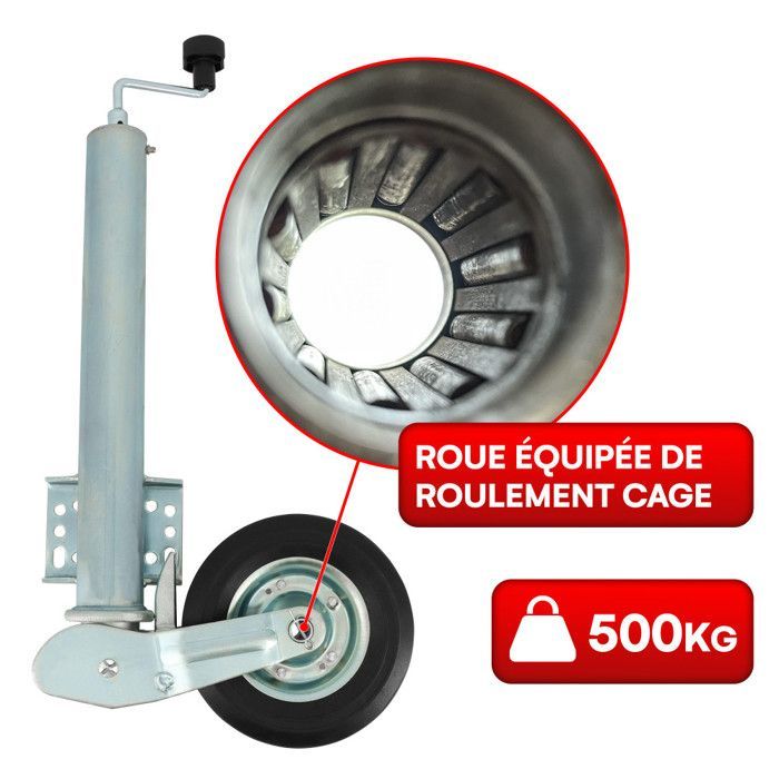 Jockey Wheel - 500kg - 60mm Steel Tube - Retractable - Multi-hole welded mounting bracket - Universal for all types of trailers