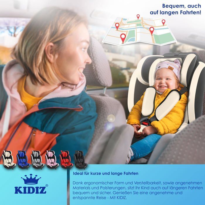 Seggiolino auto KIDIZ® per bambini e neonati da 9 a 36 kg, gruppo 1+2+3, cintura di sicurezza a 5 punti, poggiatesta regolabile e convertibile, beige.