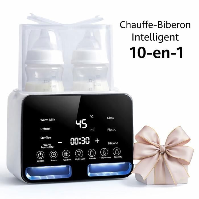 Scaldabiberon doppio 10 in 1, sterilizzatore e scaldalatte, temperatura costante per 48 ore, display a LED, spegnimento automatico.