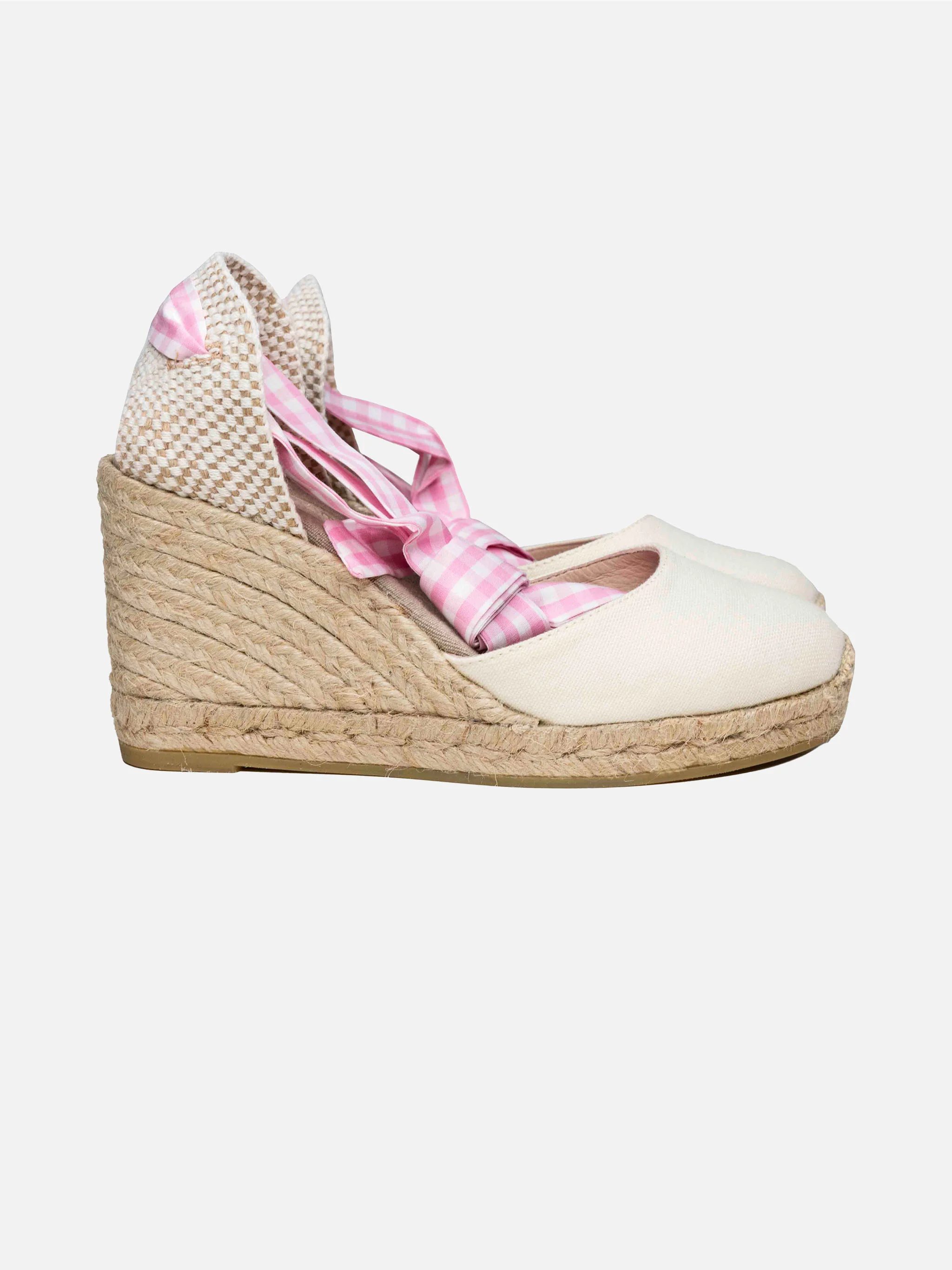 Espadrillas in canvas stampa naturale con zeppa alta e laccio alla cav