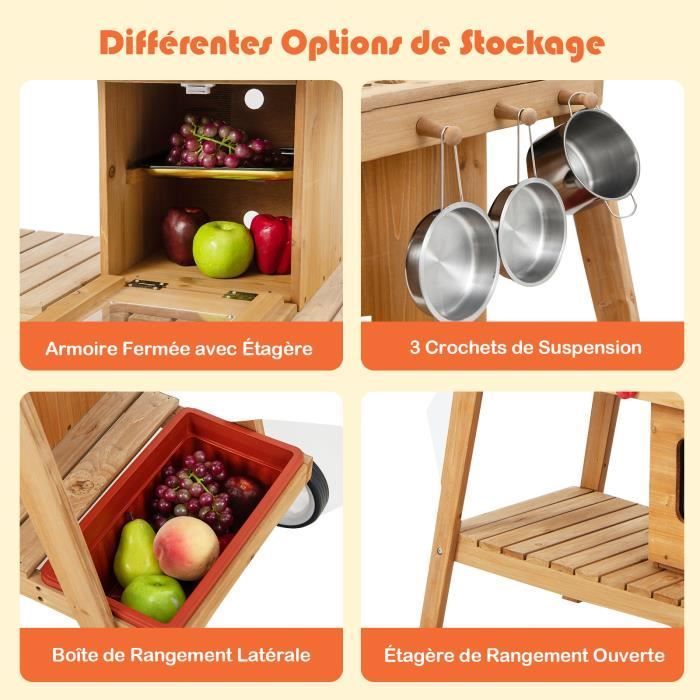 Cocina infantil de madera DREAMADE, carrito rodante para juegos de imitación al aire libre, sombrilla, horno, caja de almacenamiento extraíble, para niños de 3 años en adelante.