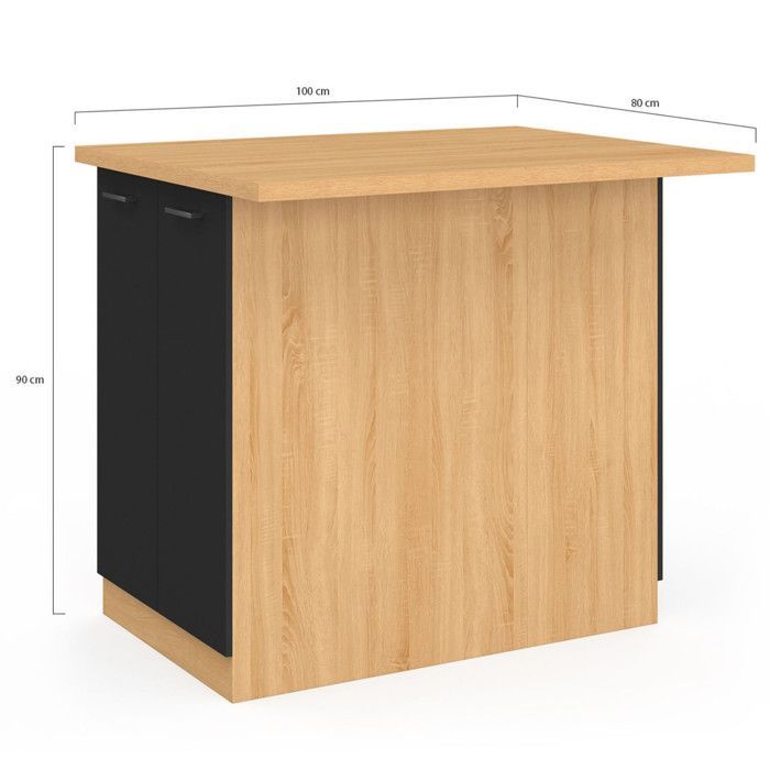 Isla central IDMARKET IVO de 100 cm en madera con efecto haya, puertas y encimera negras.