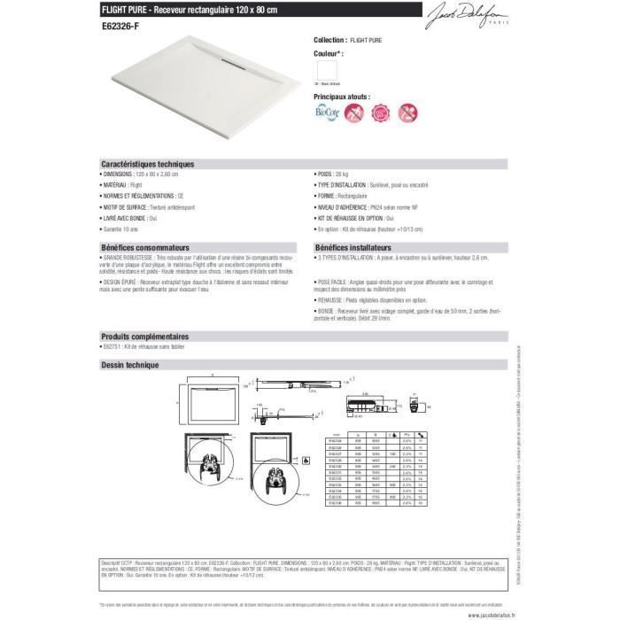 Receveur de douche Flight Pure 120x80 antidérapant - Jacob Delafon