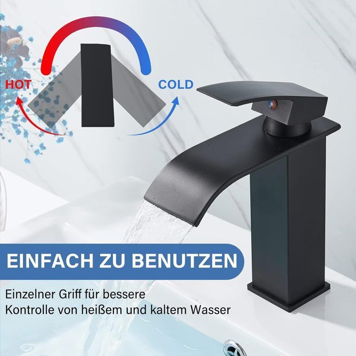 Miscelatore per lavabo a cascata - Rubinetto per bagno - Miscelatore acqua calda e fredda - Nero opaco