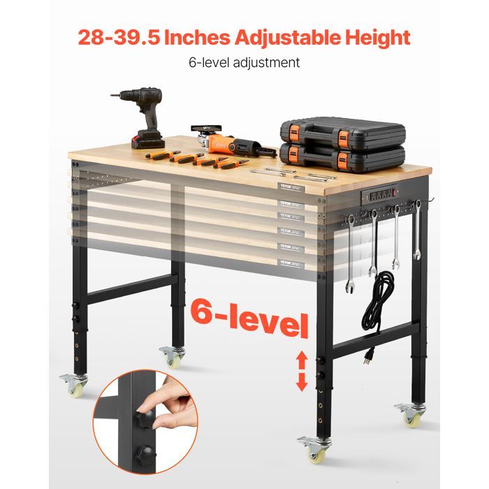 Banco de trabajo VEVOR, taller, garaje, mesa de trabajo rodante regulable en altura - Capacidad de carga de 907,2 kg - con toma de corriente