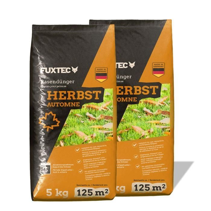 Engrais gazon automne FUXTEC FX-RDH10 potassium 2x sacs 5 kg pour 500 m2 granulés solubles fabrication allemande