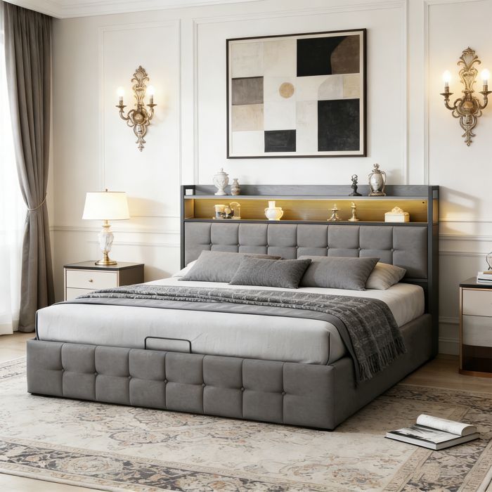 Cama de casal 140x190 cm com iluminação LED, COZY, LED, tecido de linho, estrutura de cama de casal 140x190 cm com portas USB e Tipo-C, cinza