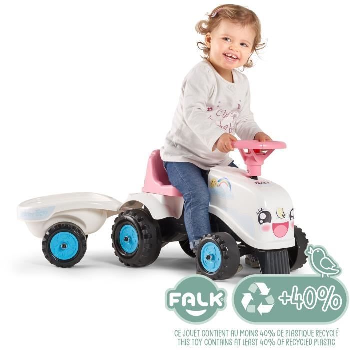 Trattore cavalcabile Rainbow Farm - FALK - Volante con clacson - Bianco e rosa - 100% Made in France - Età 12 mesi+