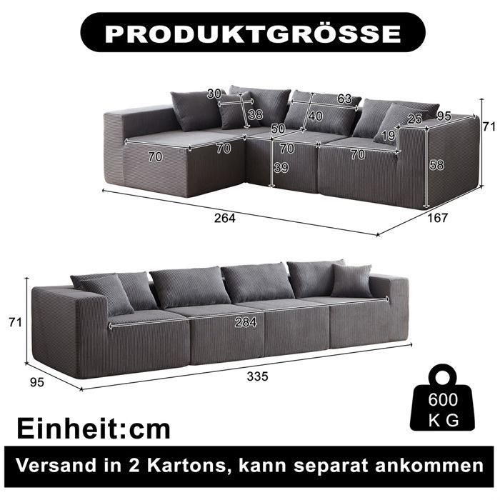 Sofá modular DRIPEX de 4 lugares em veludo cotelê, 335 cm, sofá estofado compacto com 4 almofadas, combinação livre, cinza