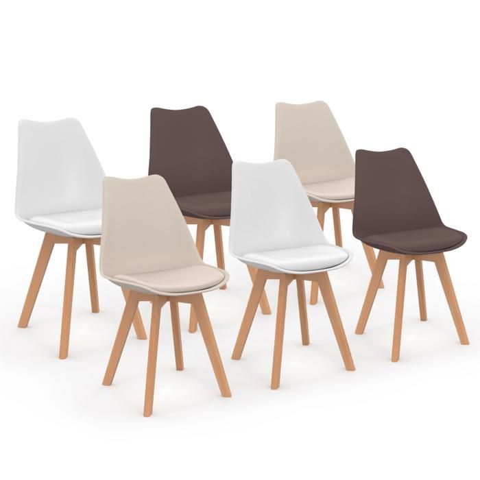 IDMARKET Set van 6 SARA Scandinavische eetkamerstoelen in taupe, beige en wit