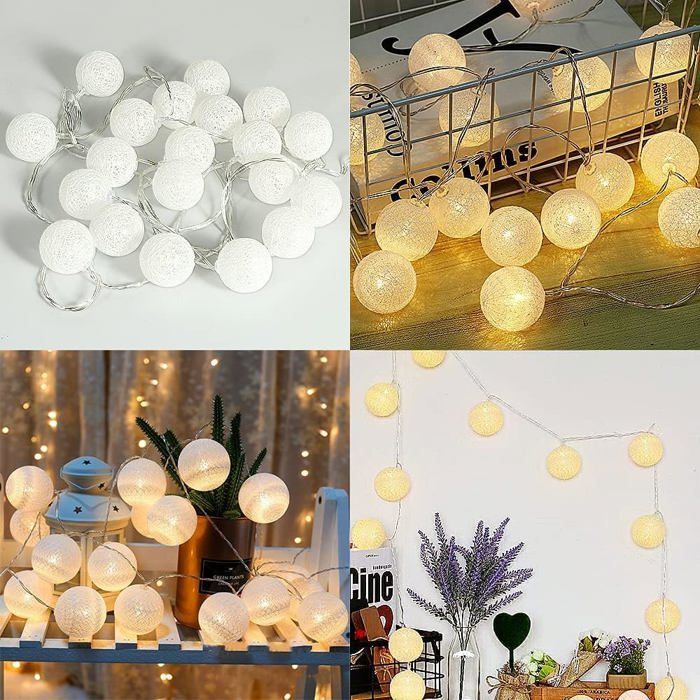 Guirlande Lumineuse Boule Coton, Interieur Decoration Noël Deco, 3M 20er LED Globe Light, Fille, Princesse, Enfant, Bebe, Chambre