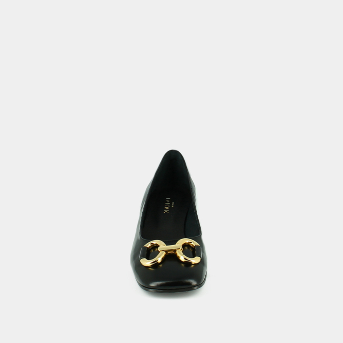 Ballerines à talons plats et mords  en cuir glacé noir/or