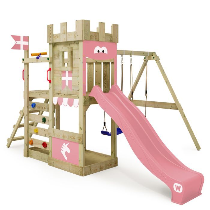 WICKEY RoyalFlyer play tower with pastel pink slide, swing and sandbox – 10-year guarantee*