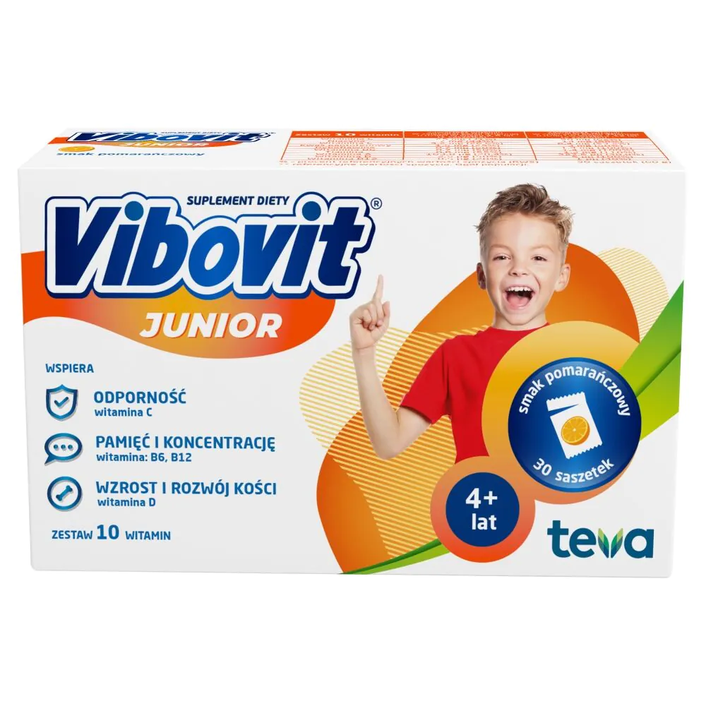 Vibovit Junior, Zestaw witamin dla dzieci od 4. roku życia, Smak pomarańczowy, Saszetki