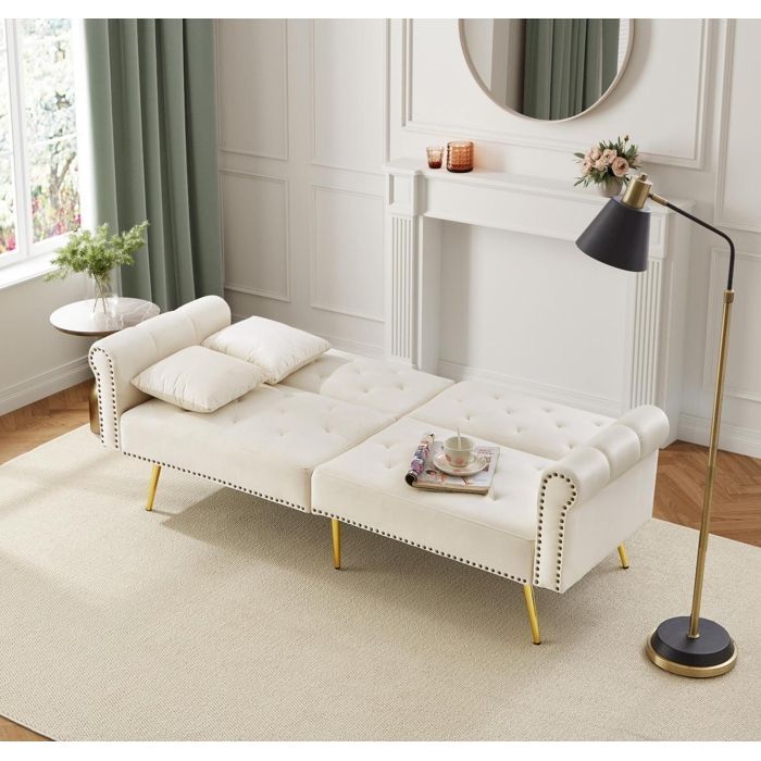 Canapé convertible - RAVAS - Banquette 2 places - Velours blanc - Dossier réglable - Espace de rangement